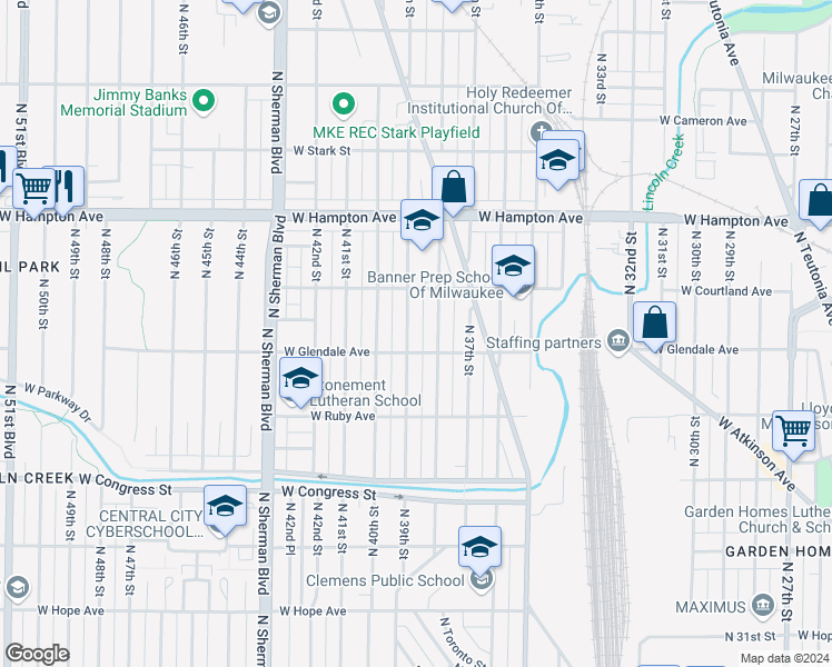 map of restaurants, bars, coffee shops, grocery stores, and more near 4600 North 39th Street in Milwaukee