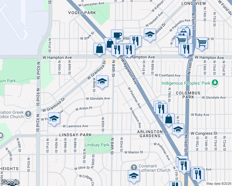 map of restaurants, bars, coffee shops, grocery stores, and more near 4580 North 84th Street in Milwaukee
