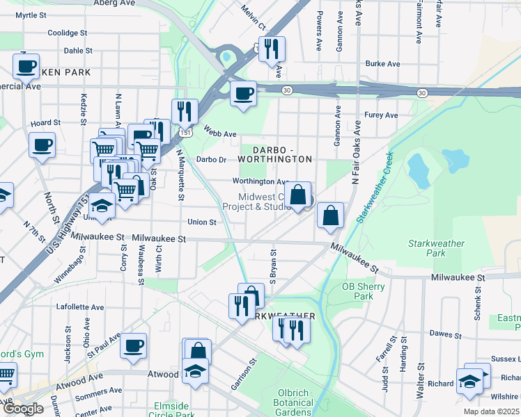 map of restaurants, bars, coffee shops, grocery stores, and more near 3109 Hermina Street in Madison