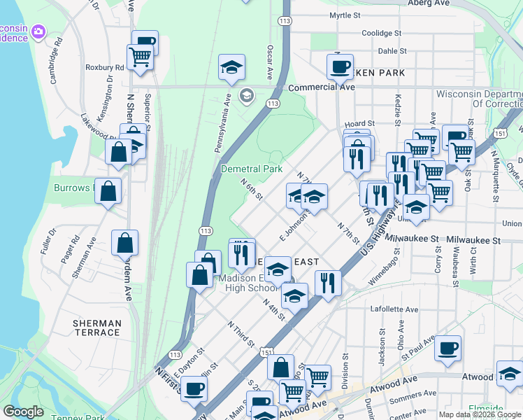 map of restaurants, bars, coffee shops, grocery stores, and more near 2317 Hoard Street in Madison