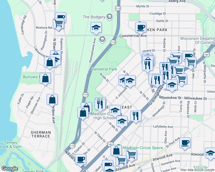 map of restaurants, bars, coffee shops, grocery stores, and more near 2317 Hoard Street in Madison