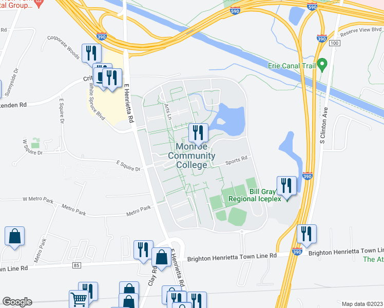 map of restaurants, bars, coffee shops, grocery stores, and more near 1000 East Henrietta Road in Rochester