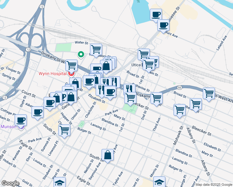 map of restaurants, bars, coffee shops, grocery stores, and more near 310 Bleecker Street in Utica