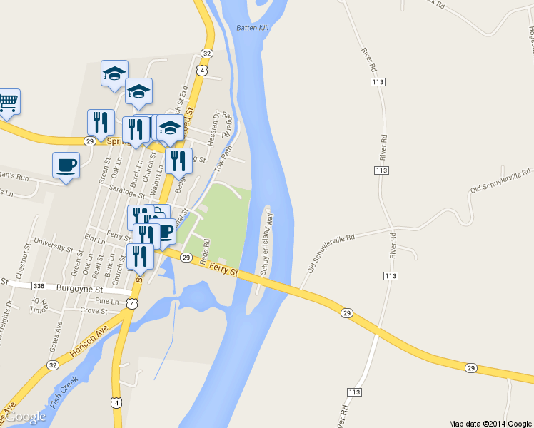 map of restaurants, bars, coffee shops, grocery stores, and more near 23 Schuyler Island Way in Schuylerville