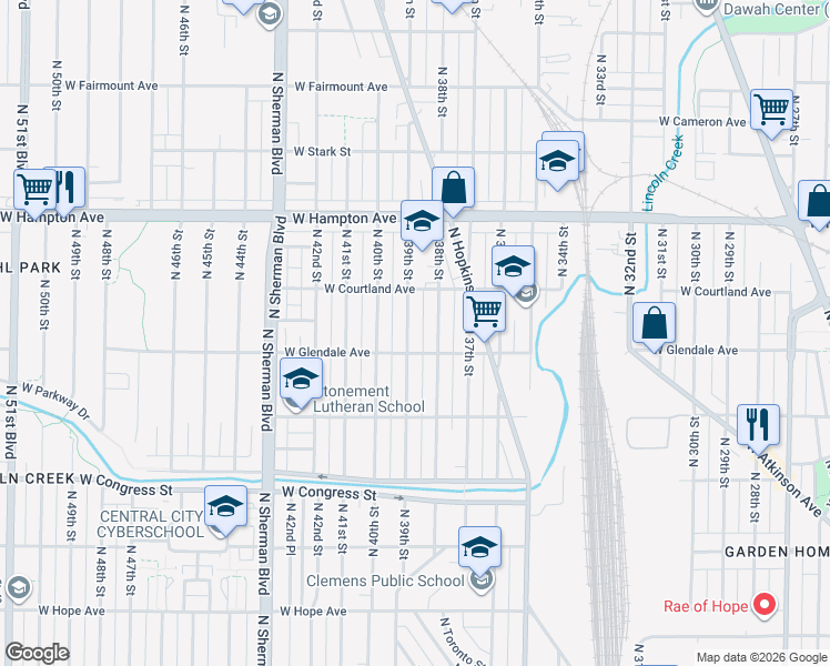 map of restaurants, bars, coffee shops, grocery stores, and more near 4600 North 39th Street in Milwaukee