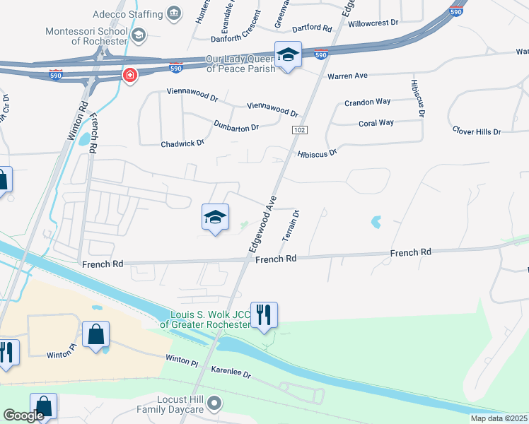 map of restaurants, bars, coffee shops, grocery stores, and more near 106 Greystone Lane in Rochester