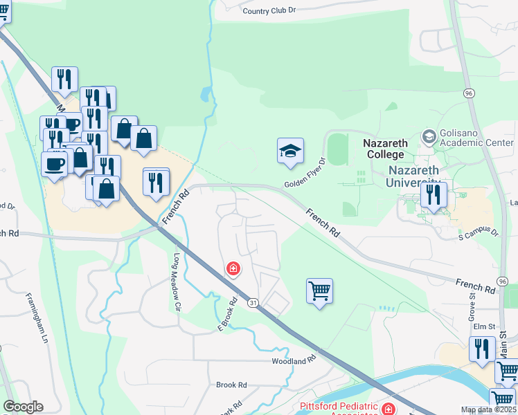 map of restaurants, bars, coffee shops, grocery stores, and more near 27 Colonial Parkway in Pittsford