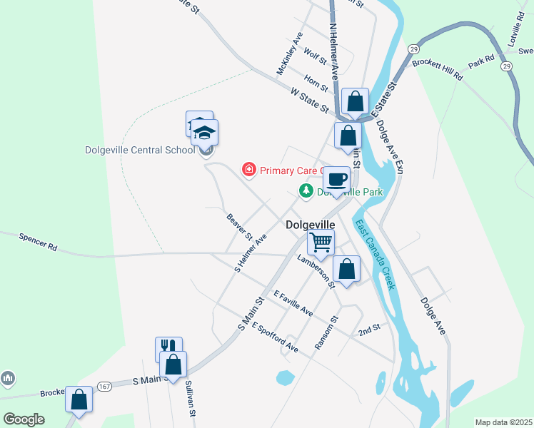 map of restaurants, bars, coffee shops, grocery stores, and more near 15 Slawson Street in Dolgeville