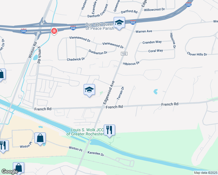 map of restaurants, bars, coffee shops, grocery stores, and more near 110 Greystone Lane in Rochester