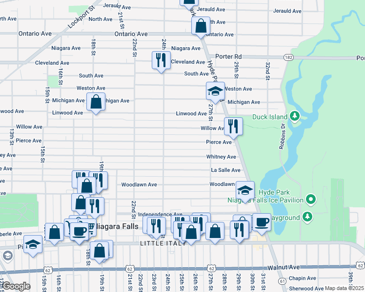 map of restaurants, bars, coffee shops, grocery stores, and more near 2434 Whitney Avenue in Niagara Falls