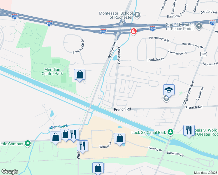 map of restaurants, bars, coffee shops, grocery stores, and more near 579 Eastbrooke Lane in Rochester