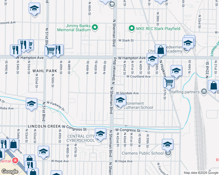 map of restaurants, bars, coffee shops, grocery stores, and more near 4609 North Sherman Boulevard in Milwaukee