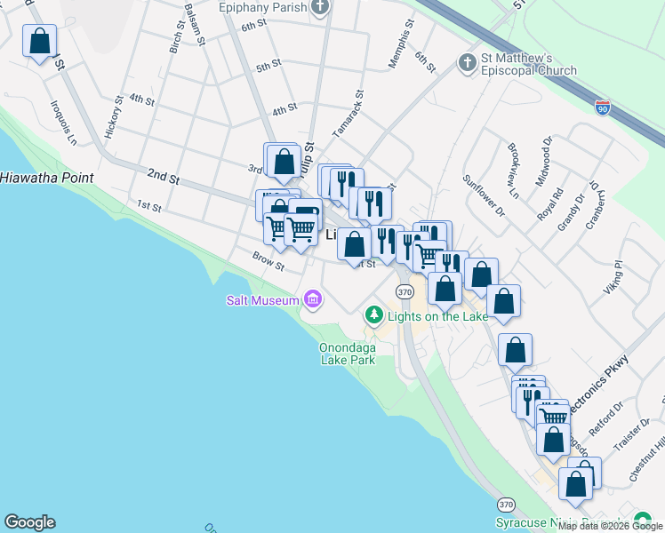 map of restaurants, bars, coffee shops, grocery stores, and more near 101 Lake Drive in Liverpool