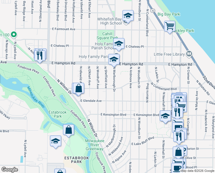 map of restaurants, bars, coffee shops, grocery stores, and more near 4647 North Sheffield Avenue in Whitefish Bay