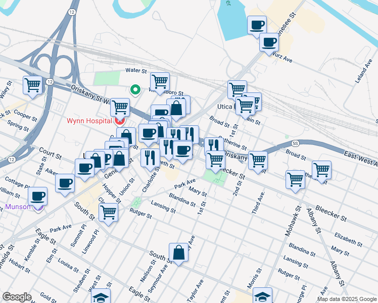 map of restaurants, bars, coffee shops, grocery stores, and more near 502 Burnet Street in Utica