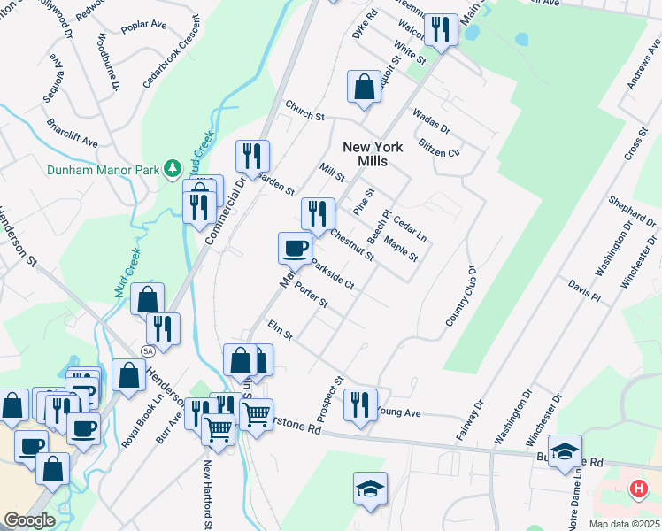map of restaurants, bars, coffee shops, grocery stores, and more near 8 Parkside Court in New York Mills
