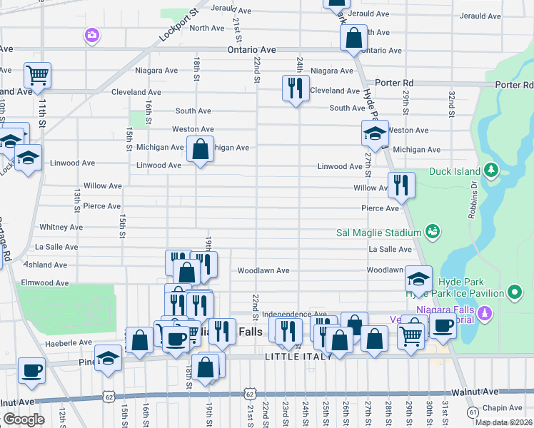 map of restaurants, bars, coffee shops, grocery stores, and more near 2226 Whitney Avenue in Niagara Falls