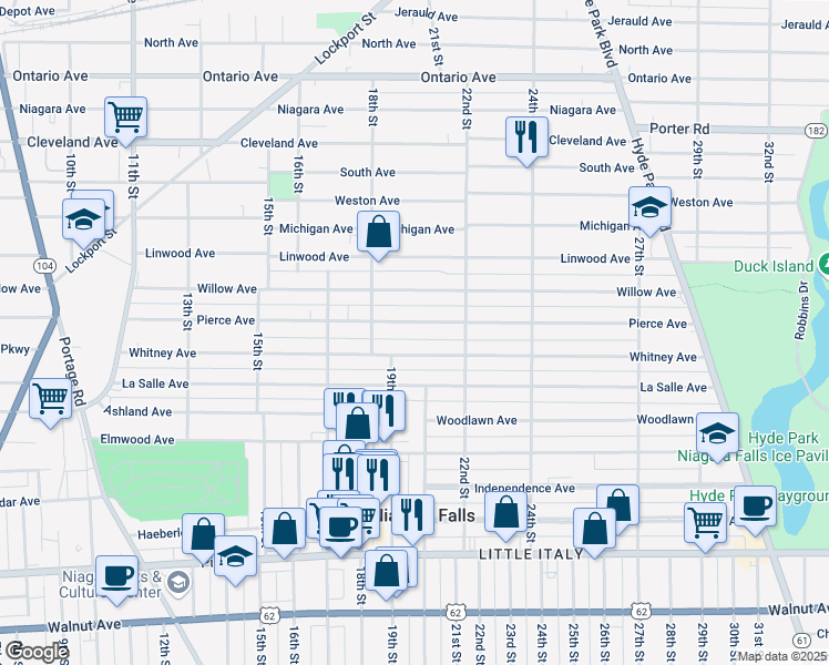 map of restaurants, bars, coffee shops, grocery stores, and more near 1920 Whitney Avenue in Niagara Falls