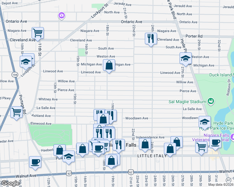map of restaurants, bars, coffee shops, grocery stores, and more near 1920 Whitney Avenue in Niagara Falls