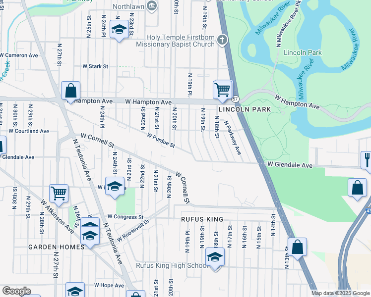 map of restaurants, bars, coffee shops, grocery stores, and more near 1973 West Purdue Street in Milwaukee