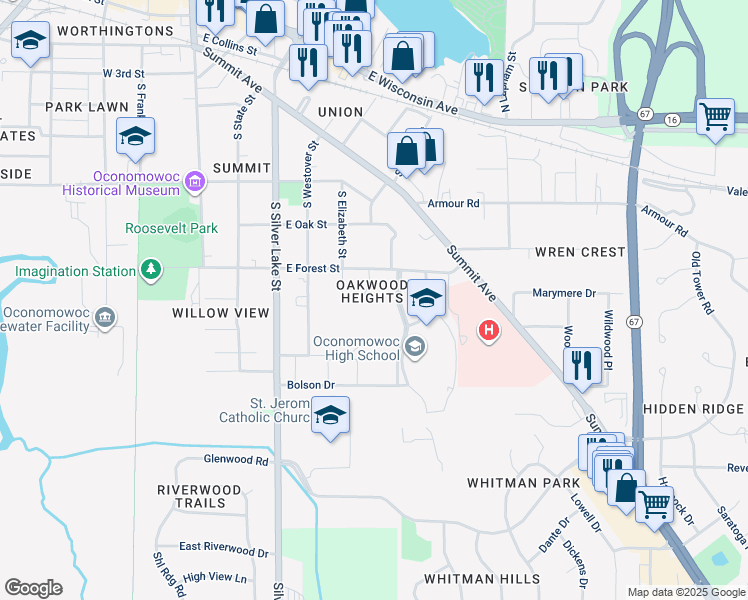 map of restaurants, bars, coffee shops, grocery stores, and more near 524 Frederick Court in Oconomowoc