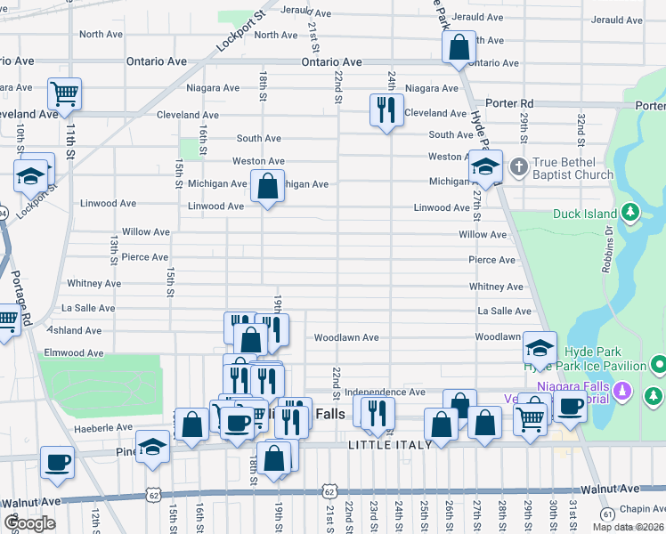 map of restaurants, bars, coffee shops, grocery stores, and more near 1966 Whitney Avenue in Niagara Falls