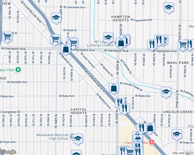 map of restaurants, bars, coffee shops, grocery stores, and more near 6245 West Fond Du Lac Avenue in Milwaukee