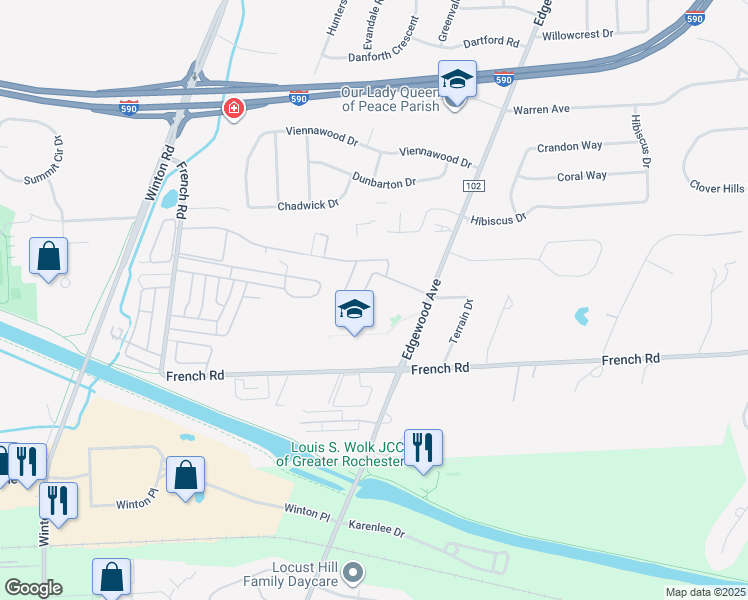 map of restaurants, bars, coffee shops, grocery stores, and more near 170 Greystone Lane in Rochester