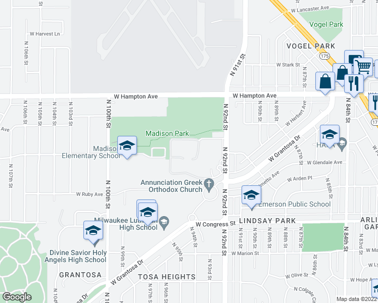 map of restaurants, bars, coffee shops, grocery stores, and more near 4611 North 92nd Street in Wauwatosa