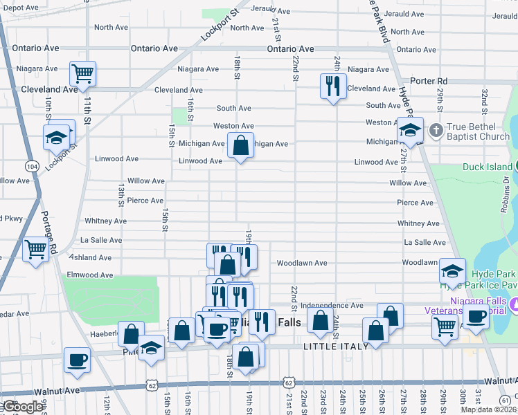 map of restaurants, bars, coffee shops, grocery stores, and more near 1920 Whitney Avenue in Niagara Falls