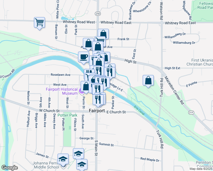 map of restaurants, bars, coffee shops, grocery stores, and more near 400 Packetts Landing in Fairport