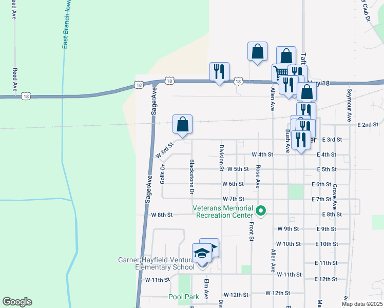 map of restaurants, bars, coffee shops, grocery stores, and more near 400 Blackstone Drive in Garner