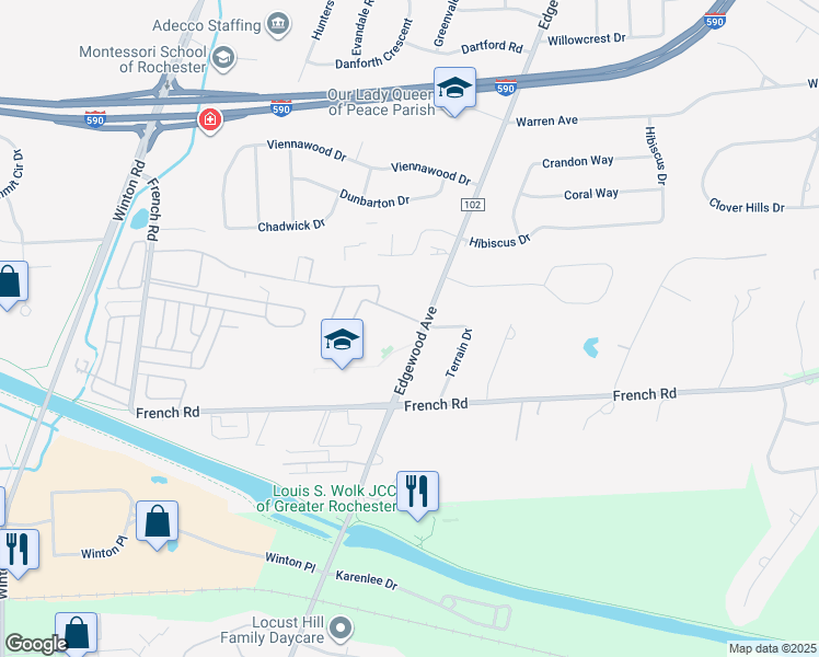 map of restaurants, bars, coffee shops, grocery stores, and more near 122 Greystone Lane in Rochester