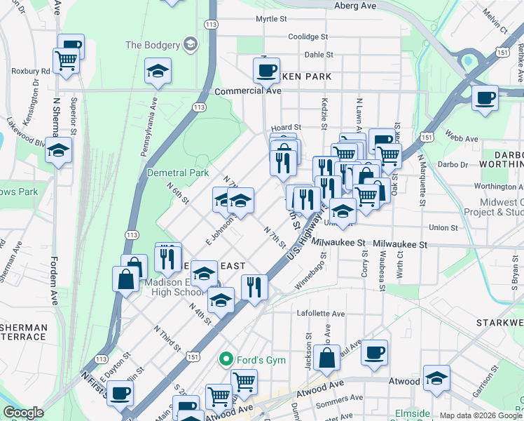 map of restaurants, bars, coffee shops, grocery stores, and more near 2512 East Dayton Street in Madison