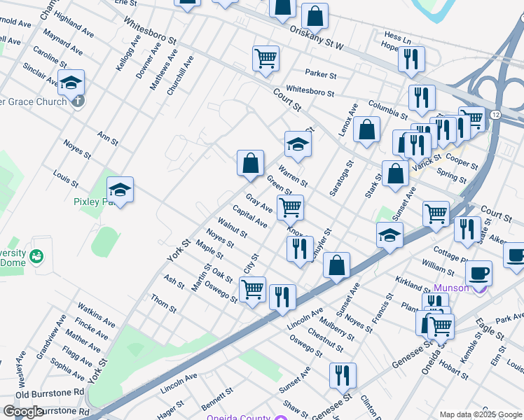map of restaurants, bars, coffee shops, grocery stores, and more near 1211 Gray Avenue in Utica