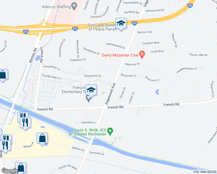 map of restaurants, bars, coffee shops, grocery stores, and more near 126 Greystone Lane in Rochester