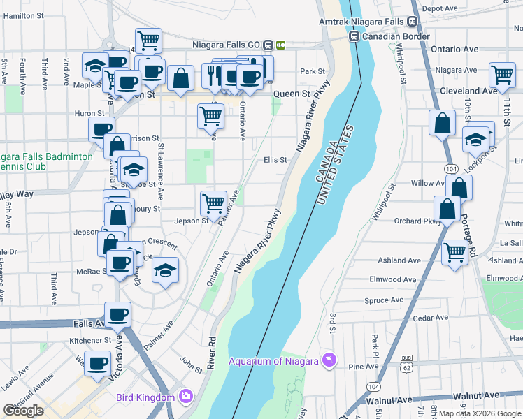 map of restaurants, bars, coffee shops, grocery stores, and more near 4322 Bampfield Street in Niagara Falls