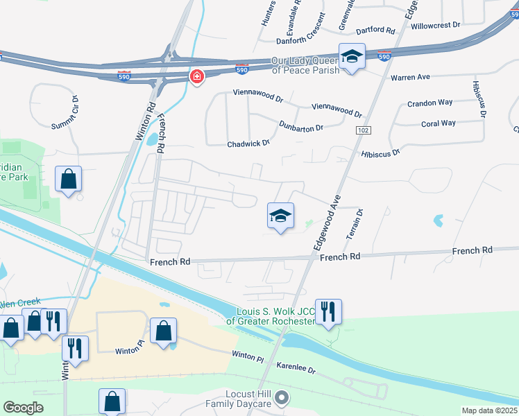map of restaurants, bars, coffee shops, grocery stores, and more near 152 Greystone Lane in Rochester