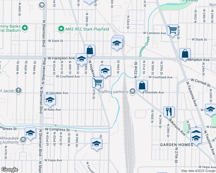 map of restaurants, bars, coffee shops, grocery stores, and more near 4631 North 35th Street in Milwaukee