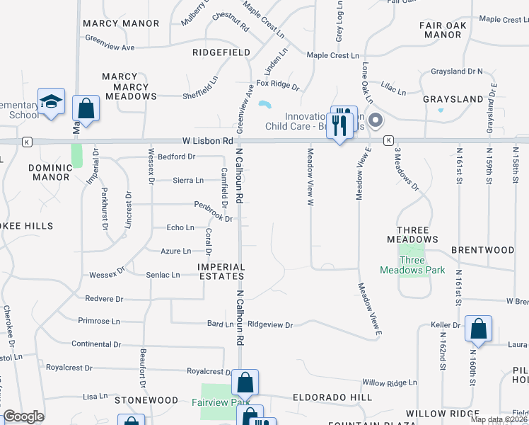 map of restaurants, bars, coffee shops, grocery stores, and more near 4590 Hidden Creek Trail in Brookfield