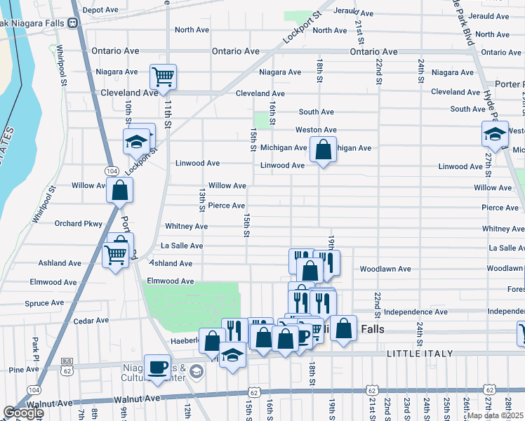 map of restaurants, bars, coffee shops, grocery stores, and more near 1540 Whitney Avenue in Niagara Falls