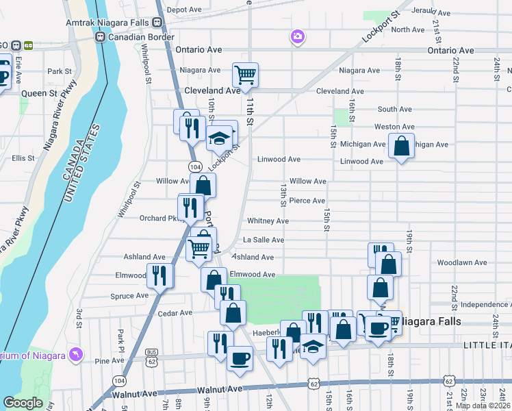 map of restaurants, bars, coffee shops, grocery stores, and more near 1128 Whitney Avenue in Niagara Falls