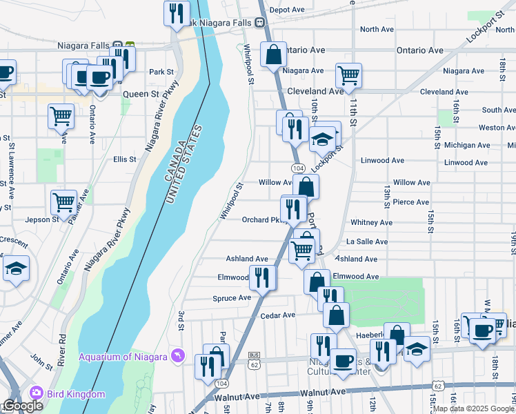 map of restaurants, bars, coffee shops, grocery stores, and more near 672 Orchard Parkway in Niagara Falls