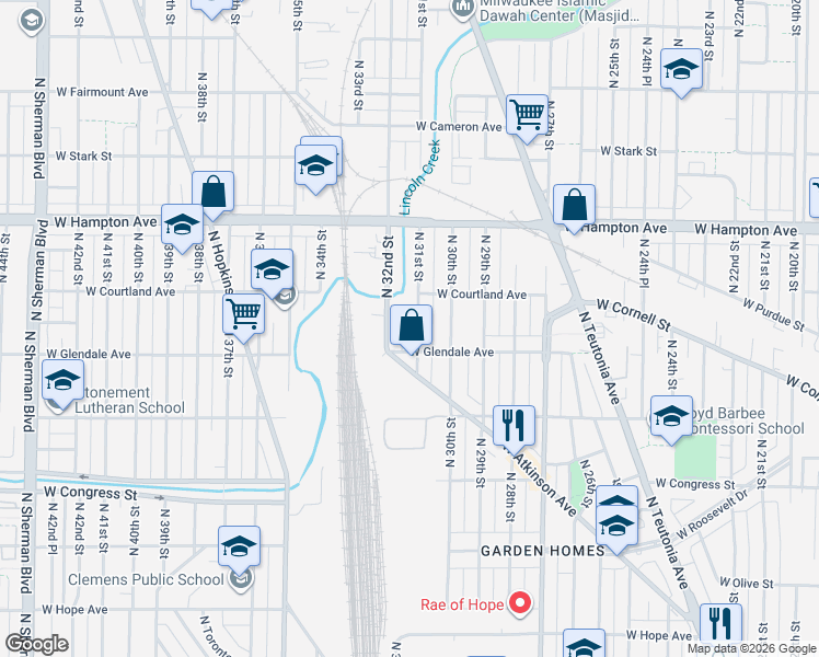 map of restaurants, bars, coffee shops, grocery stores, and more near 4604 North 32nd Street in Milwaukee