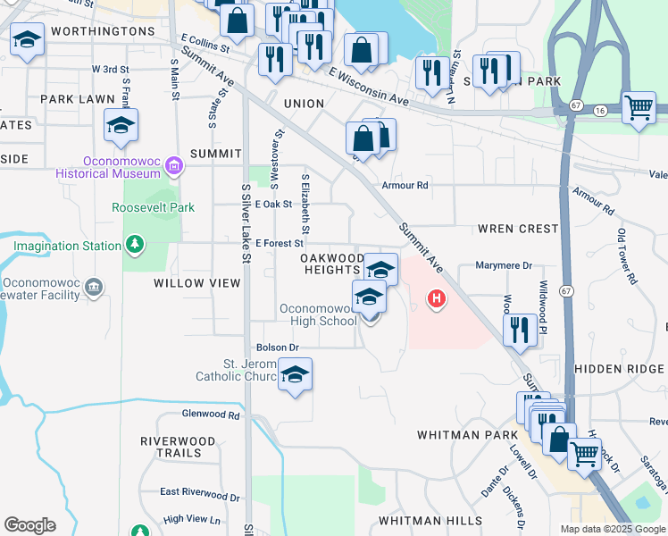 map of restaurants, bars, coffee shops, grocery stores, and more near 524 Frederick Court in Oconomowoc
