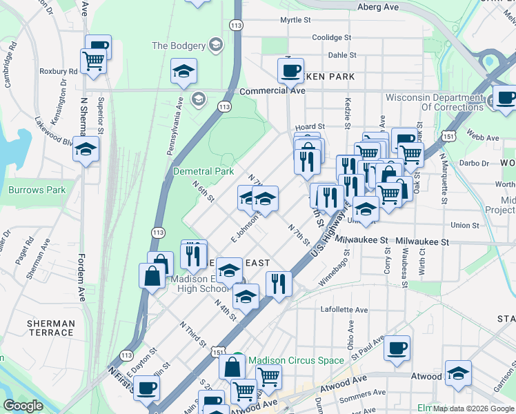 map of restaurants, bars, coffee shops, grocery stores, and more near 2420 East Johnson Street in Madison