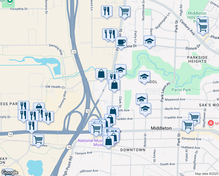 map of restaurants, bars, coffee shops, grocery stores, and more near 2310 Parmenter Street in Middleton