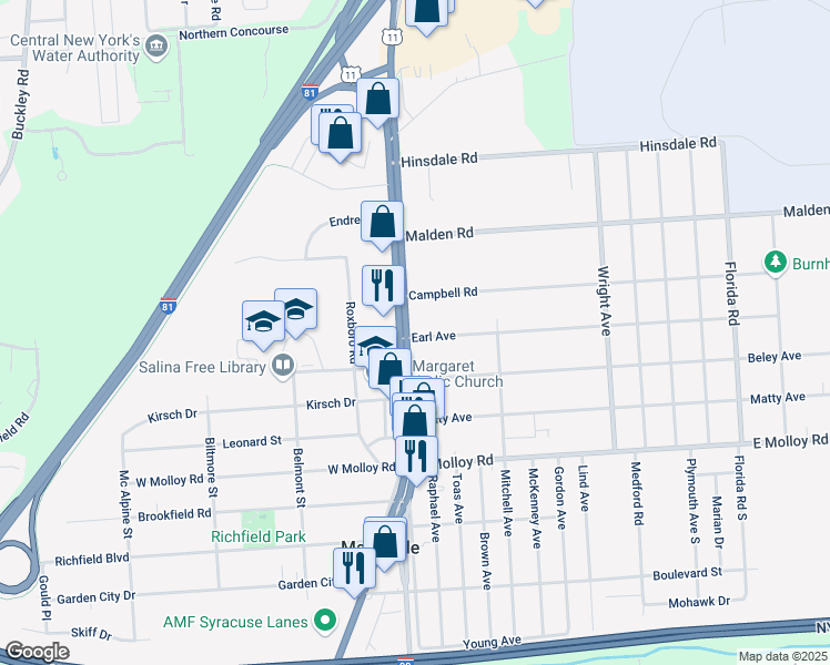 map of restaurants, bars, coffee shops, grocery stores, and more near 2500 Brewerton Road in Mattydale