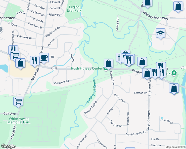 map of restaurants, bars, coffee shops, grocery stores, and more near 1093 Fairport Road in Fairport