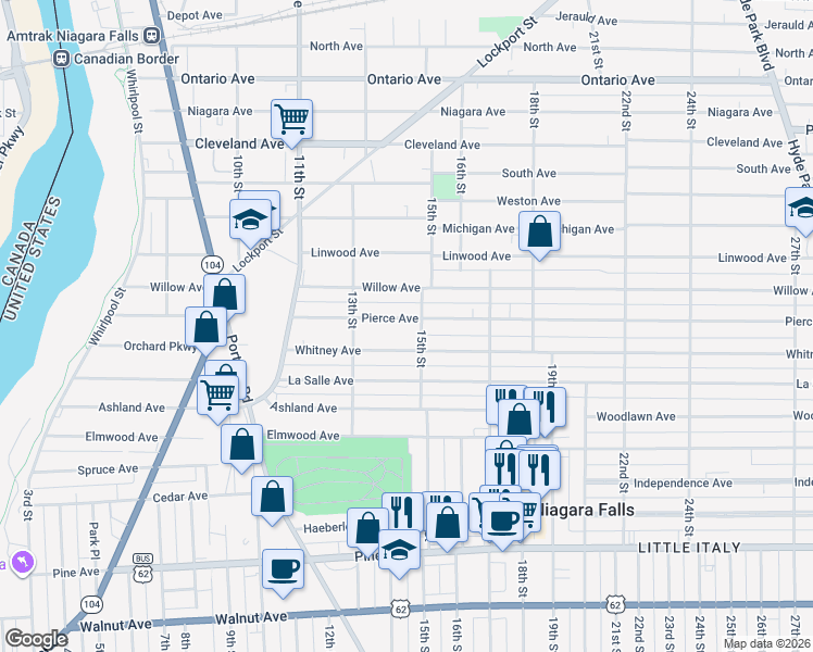 map of restaurants, bars, coffee shops, grocery stores, and more near 1355 Pierce Avenue in Niagara Falls